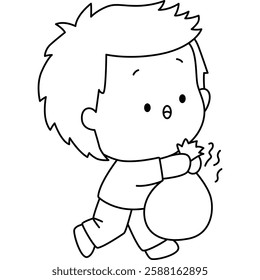 a vector of a boy throwing out trash in black and white coloring