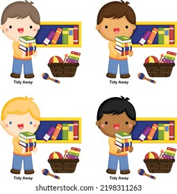 a vector of a boy tidy his stuff 