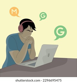 vector a boy wearing a headset surf internet using laptop flat design
