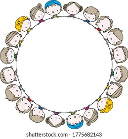 niños vectores y niñas con un fondo de borde circular