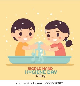 vector boys and girls wash their hands in the sink under running water with yellow background. World hand hygiene day