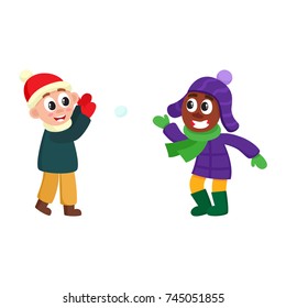 vector boys having fun with snow outdoors. Flat cartoon isolated illustration on a white background. Kid plays with snowball smiling outdoors. Winter children activity concept