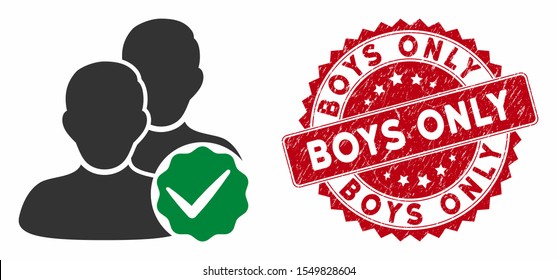 Vector boys only icon and rubber round stamp seal with Boys Only phrase. Flat boys only icon is isolated on a white background. Boys Only stamp seal uses red color and rubber surface.