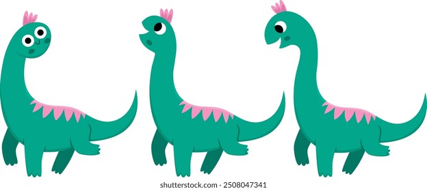 Vector brachiosaurus icon set. Cute dinosaur illustration for kids. Funny dino clipart collection for children isolated on white background. Cartoon prehistoric animal picture
