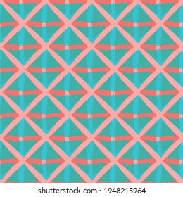 Vector braid effect weave seamless interlace pattern background. Macrame style ribbon plait lattice blue pink backdrop. Geometric modern wicker rattan grid knotwork. All over print for summer