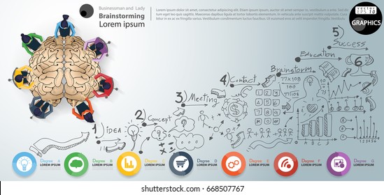 Vector Brain -  Businessman and Lady Brainstorm- Background Lined pattern, graph, arrow, icon, modern design Idea and Concept - illustration Business - Idea text- Infographic template.