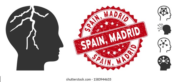 Vector brain cancer icon and rubber round stamp seal with Spain, Madrid phrase. Flat brain cancer icon is isolated on a white background. Spain, Madrid stamp seal uses red color and grunged design.