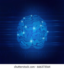vector of brain cardiogram. Cardiology concept of wave range graph combined with brain shape