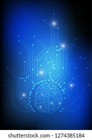Vector : Brain and electronic circuit on blue background