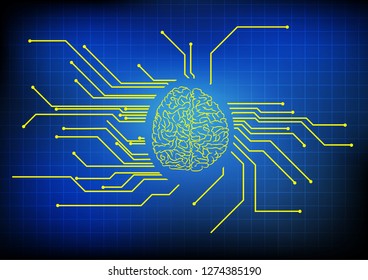 Vector : Brain and electronic circuit on blue background