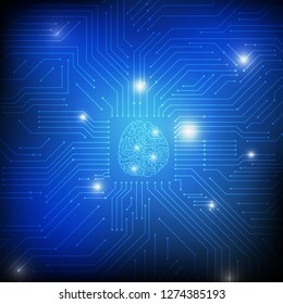 Vector : Brain and electronic circuit on blue background