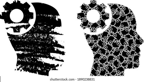 Vector brain gear composition is organized of random fractal brain gear icons. Rough brain gear icon. Recursion composition of brain gear.