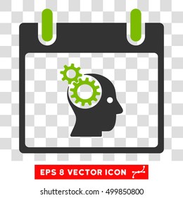 Vector Brain Gears Calendar Day EPS vector icon. Illustration style is flat iconic bicolor eco green and gray symbol on a transparent background.