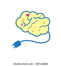 vector brain icon flat design and plug for recharge power