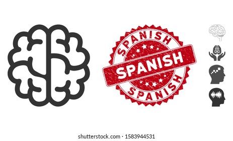 Vector brain icon and rubber round stamp seal with Spanish phrase. Flat brain icon is isolated on a white background. Spanish stamp seal uses red color and rubber design. Bonus icons are added.