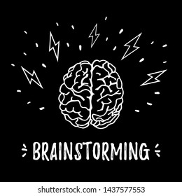 Vector Brain icon silhouette with
lightninges.Top view. Brainstorming.Can be used for your design.Handdrawn illustration isolated on black background