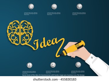 Vector brain of the idea of a businessman with hands, magic pen, business icon, flat design.