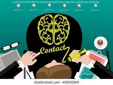 Vector brain of the idea of a businessman with hands, magic pen, business icon, flat design.