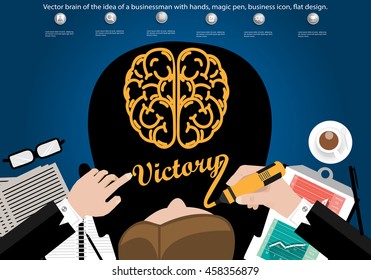 Vector brain of the idea of a businessman with hands, magic pen, business icon, flat design.