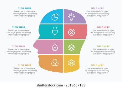 Vector brain infographic design template with 8 steps, human head learn diagram, design thinking process chart infographic, study presentation.