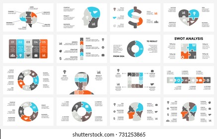 Vector brain infographic. Template for human head diagram, knowledge graph, neural network presentation and face chart. Business infographics with 3, 4, 5, 6, 7, 8 options, parts, steps. Puzzle jigsaw