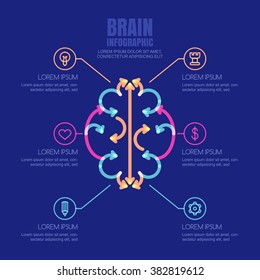 Vector brain infographics design template and icons set. Brain made from  arrows, on blue background. Concept for business, brainstorming, high technology, development, innovation, creativity