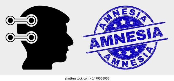 Vector brain interface links icon and Amnesia seal stamp. Red round grunge seal stamp with Amnesia text. Vector composition in flat style. Black isolated brain interface links symbol.