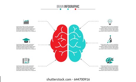 Vector brain left analytical and right creative hemispheres infographics. Medical and healthcare template for presentation with 6 steps, options, parts or processes.