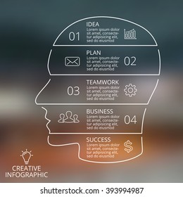 Vector brain linear blur infographic. Template for human head diagram, graph, presentation, face chart. Business idea infographics concept with 4, 5 options, parts, steps or processes. Brainstorming.