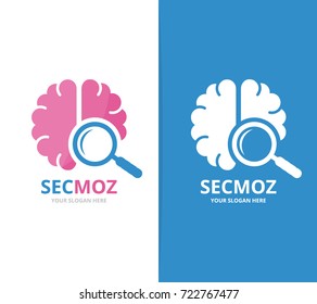 Vector brain and loupe logo combination. Education and magnifying symbol or icon. Unique science and search logotype design template.
