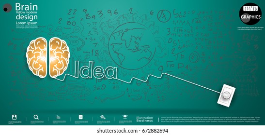 Vector  Brain Yellow - modern design Idea and Concept, Background green Calculate numbers, graph, illustration Business  Infographic template with Idea  text,plug.