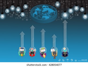 Vector brainstorm business ideas with lights, arrows, notebook, pen, tablet, mobile, pencil, diary, files, and a coffee cup icon in the flat design