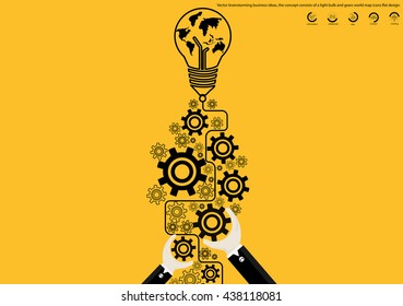 Vector brainstorming business ideas, the concept consists of a light bulb and gears world map icons flat design
