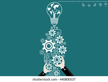 Vector brainstorming business ideas, the concept consists of a light bulb and gears world map icons flat design