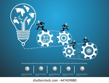 Vector brainstorming business ideas, the concept consists of a light bulb and gears world map icons flat design