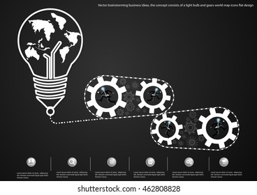 Vector brainstorming business ideas, the concept consists of a light bulb and gears world map icons flat design