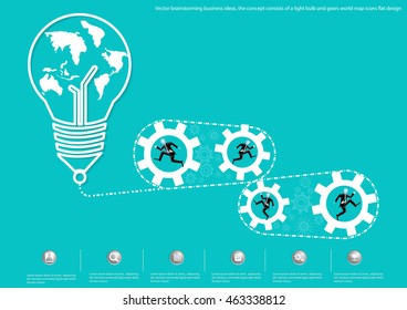 Vector brainstorming business ideas, the concept consists of a light bulb and gears world map icons flat design