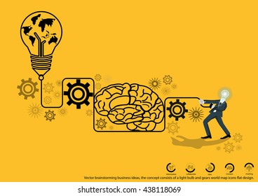 Vector brainstorming business ideas, concepts, comprising the brain bulb world map and cog icon in flat design
