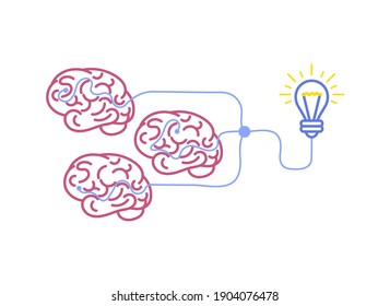 Vector Brainstorming Illustration, Brains and Idea Lightbulb on White Background, Colorful Icons, Teamwork Concept.