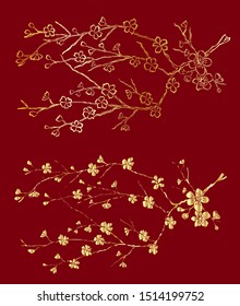 Vector branch of cherry blossom oriental sketch.Realistic illustration on red background.Peach flower and sakura set.Free hand apple floral.
