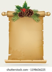 Vector branch of Christmas tree with pine cone and old paper scroll