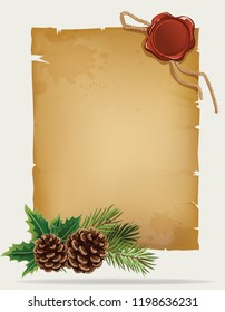 Vector branch of Christmas tree with pine cone and old paper scroll