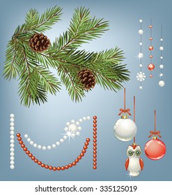 Vector branch of Christmas tree with pine cone and collection of decorations