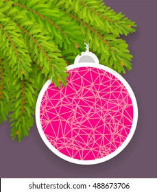 Vector branch of christmas tree with pink ball greeting new year card