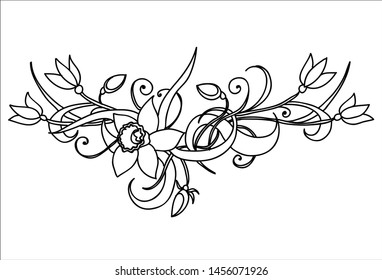 Vector branch with flowers, black & white art