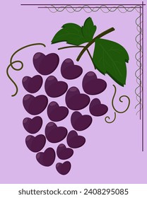 Vector branch of grapes wich berries has the shape of a heart. Emblem for winery, menu, juice. For printing table napkin, dishes, textiles, some decoration, card  Valentine's Day.For grape advertising