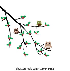 vector branch with Holly leaves and owls
