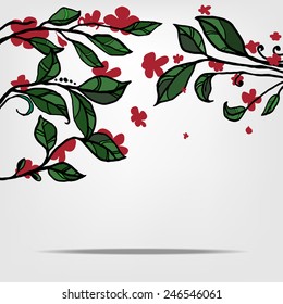 Vector branch of the japan blossoming cherry Sakura and green hand drawn leaves. Perfect for the wedding cards, invitations cards, deco, wallpaper, packages