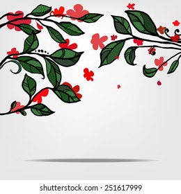 Vector branch of the japan blossoming cherry Sakura and green hand drawn leaves. Perfect for the wedding cards, invitations cards, deco, wallpaper, packages