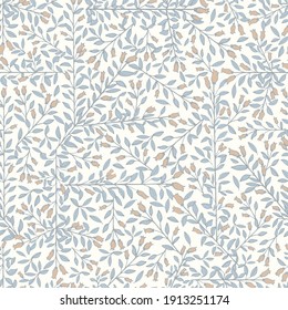 Vector branch, leaves and berry seed illustration motif seamless repeat pattern white background